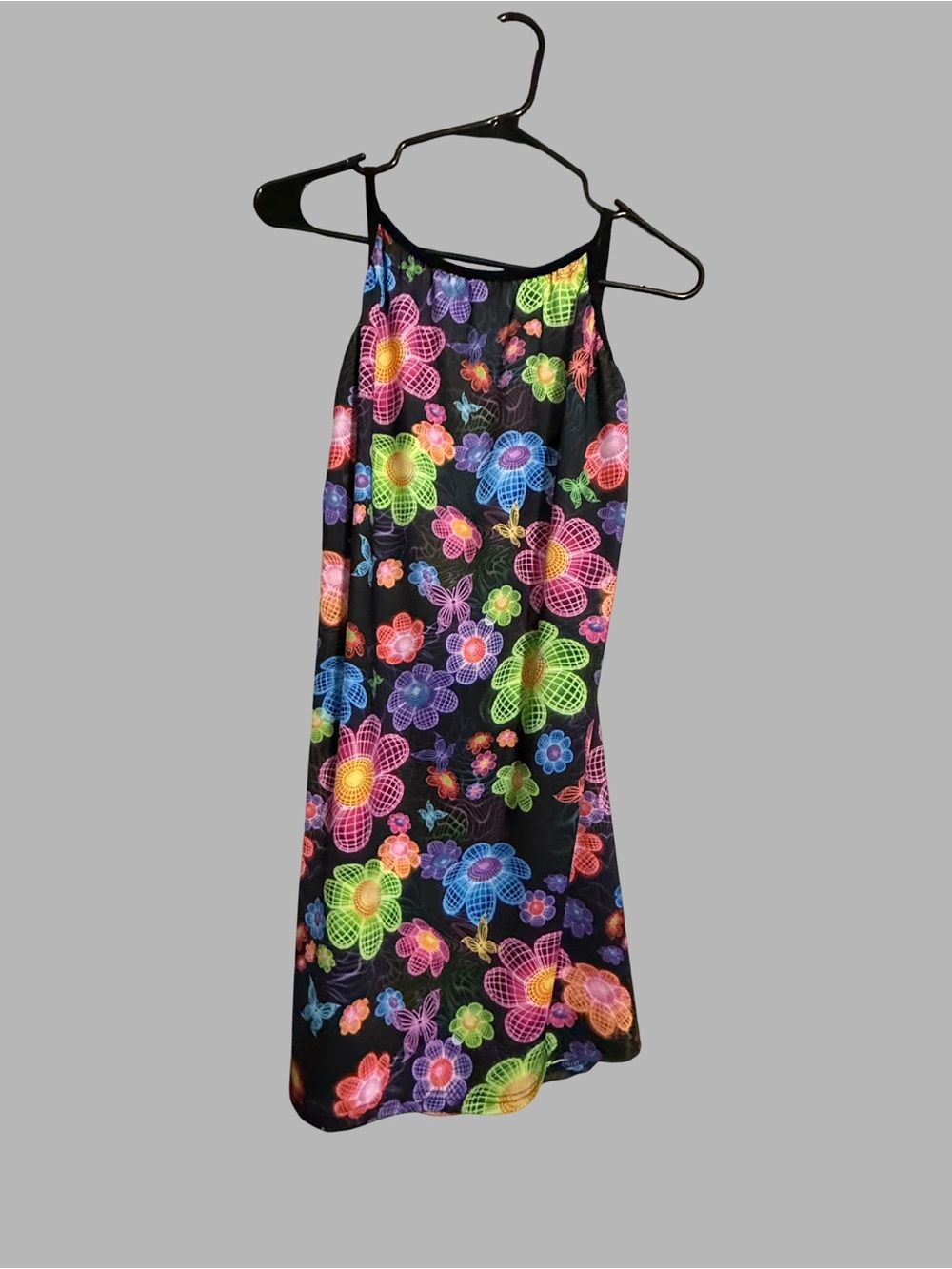 Black Floral Neon Backless Slip Dress